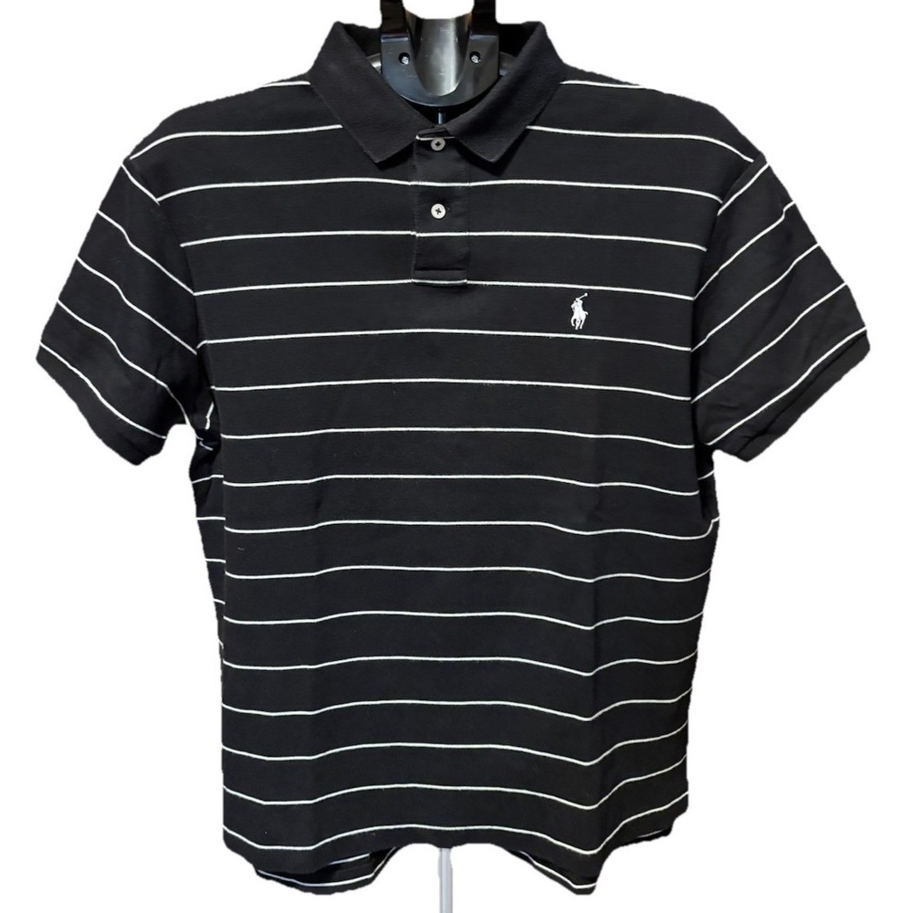 Polo Ralph Lauren Mens L Black White Stripe Golf Polo Cotton High Low Hem Preppy